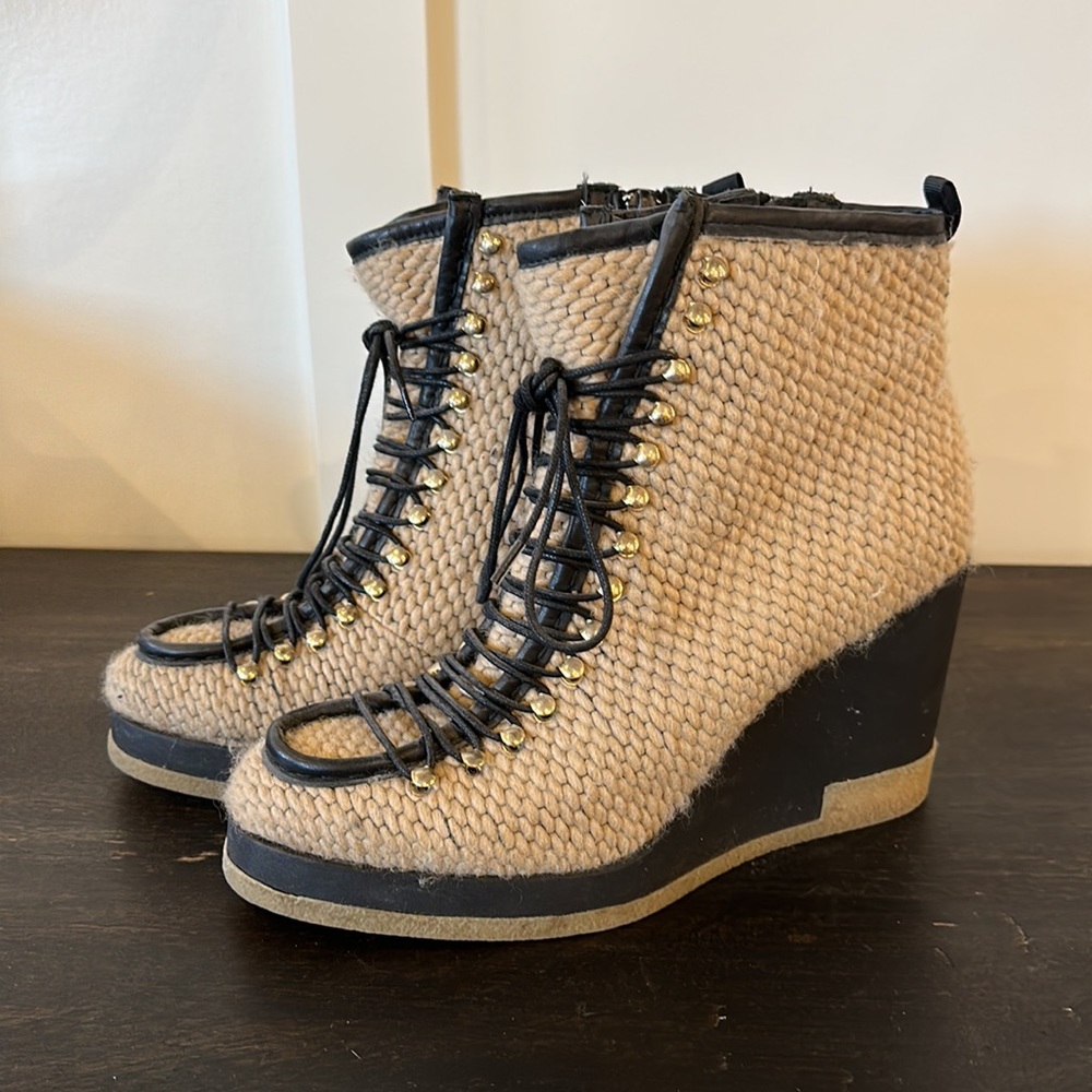 Miista Woven Beige and Black Lace-Up Ankle Boots